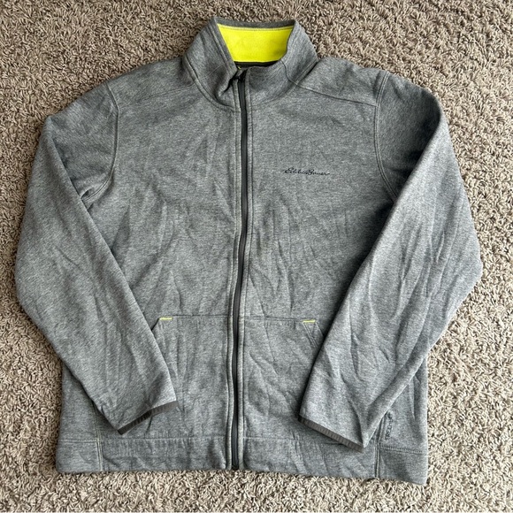 Eddie Bauer Men's Sweater Large Gray/Green Y2K Full Zip Fleece Polyester Jacket - Picture 2 of 10